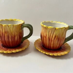 Susan Winget Sunflower/Pumpkin Teacups & Saucers.